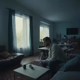 a man sitting on a couch looking at a television