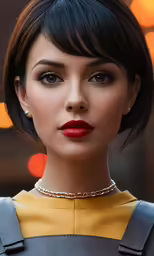 a close up view of a model with black hair, wearing a yellow top