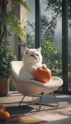 a cat is sitting in a chair with a pumpkin on it