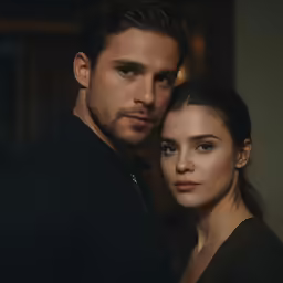 there is an image of a couple that is staring