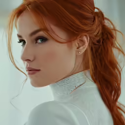 a red haired woman with long wavy hair and a collared white shirt