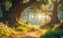 sunbeams shining through the trees over a forest trail