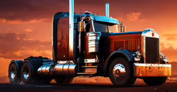 a semi truck with a bright orange and red sky,the semi truck is moving along the road