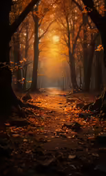 a sunlit forest with a pathway between trees