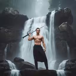 a man posing for a photo with a water fall in the background