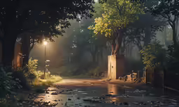 an evening scene of a city street with a rain puddle
