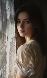 the girl is looking at the camera while standing next to a window