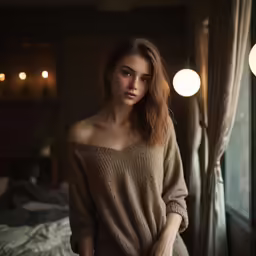 a young woman wearing a sweater poses by a window