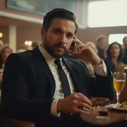 a man on the phone at a restaurant