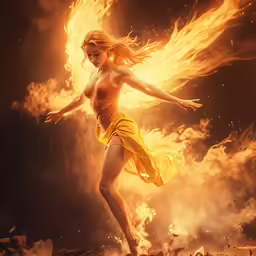 a woman dressed in yellow dancing on fire