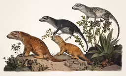 three different types of wild animals standing on rocks and trees