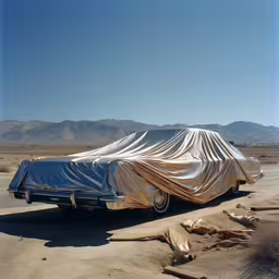 a covered car parked on the side of the road,an old covered car in the desert near mountains