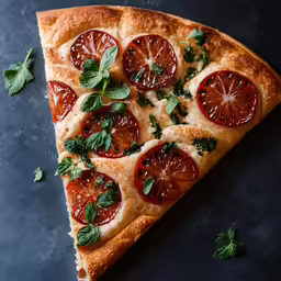 a pizza on a tray with tomatoes and herbs