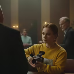 a woman is sitting at a table and has a camera