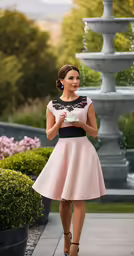 a woman standing in a pink dress while holding a piece of paper