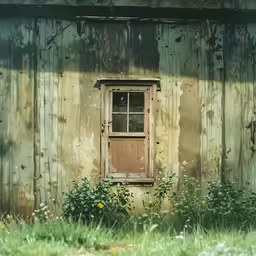 a small window with a brown wooden frame sits on the side of an old barn