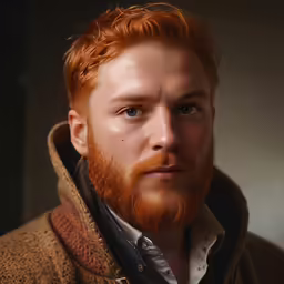 a redhead man with a goatee is wearing a sweater and looking off into the distance