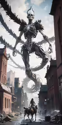 the skeleton stands with his arm outstretched and hands behind his back as he rides a horse
