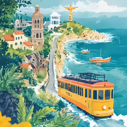 a drawing of a large city with many houses and seagulls