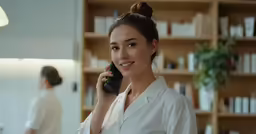 a woman talking on a telephone in front of shelves