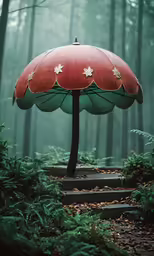 a small table in the middle of a forest