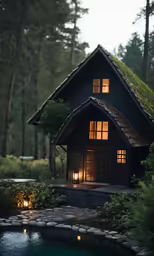 an illuminated house sits among trees next to a pool