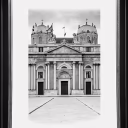 an old photo of an old building with a bird flying above it