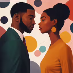 an illustration of a man and woman standing next to each other,the man and woman is standing together in front of a wall with colored circles