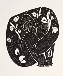 a black and white drawing of a gorilla holding another gorilla,black and white illustration of a monkey holding on to a branch