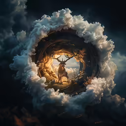 the animal with a lot of clouds looks like he is riding on a horse