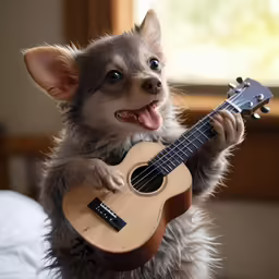 a dog with his mouth open and a guitar