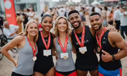 four people pose for a photo in front of a crowd of bikers