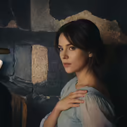 a young lady poses by the old - fashioned wall
