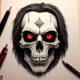 a skull that has red eyes, which looks like it is a drawing