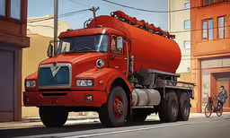 a large red truck driving past a tall orange building,the large orange truck is parked near the buildings
