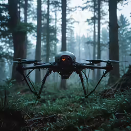 a man made flying vehicle is standing in the woods