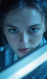 the woman is looking into the mirror of the room