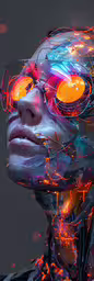 a robot in bright glowing glasses,a man wearing neon glasses looking towards the sky