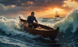 a man sitting in a boat in the water with a ship in the distance,a man rowing a boat across a large ocean