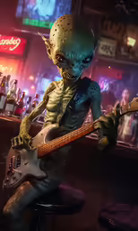 a toy alien playing guitar sitting at a bar