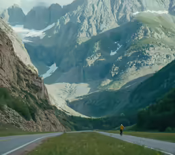 a bicyclist riding down the road in front of a mountain range