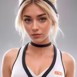 a woman in white tank top and black ribbon around her neck