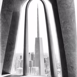 the interior of an arch shaped building with a very large view of the city
