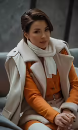 an attractive woman is sitting on a chair and posing for the camera