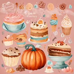 a painting of a plate of cakes, cupcakes and muffins,a painting of a plate with many different desserts on it