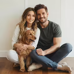 a smiling couple posing with their brown dog