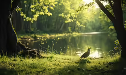 a bird stands in the shade of trees near the water