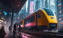 people walking on the sidewalk next to a train,a yellow and red train traveling down train tracks
