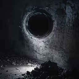an empty metal tunnel with lots of rocks