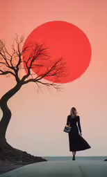 a woman in a long dress is walking along a cliff with a red sun above